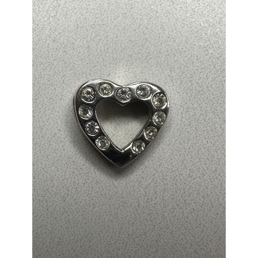 Sterling Silver 925 Rhinestone Open Heart Slider Pendant Charm Silver Tone